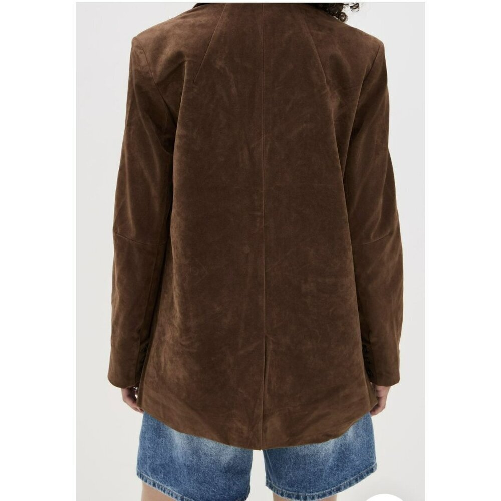 New $198 Free People Paper Cut Faux Suede Vegan Brown Boyfriend Blazer Size M - Picture 5 of 11